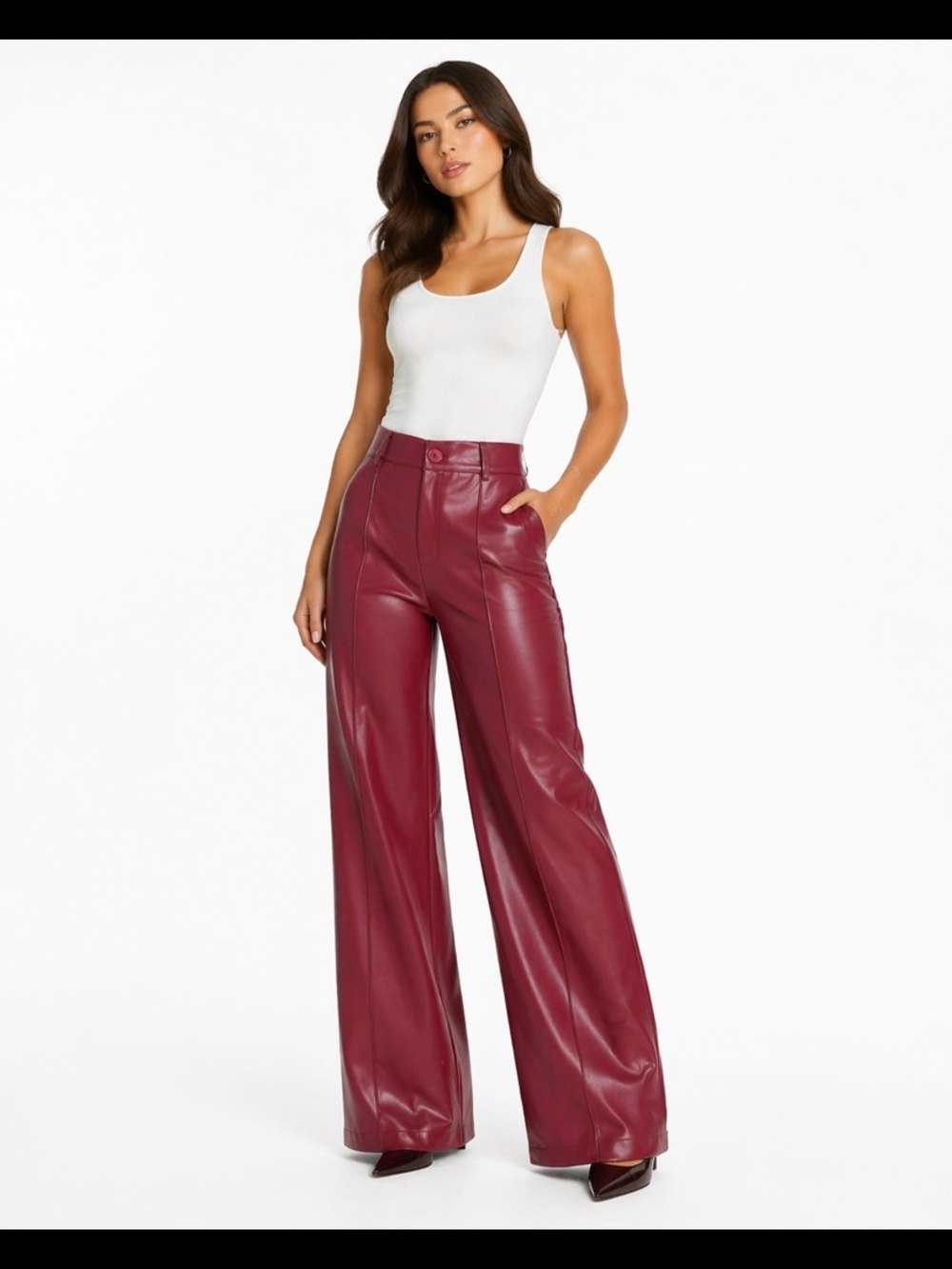 CIDER High-Waist Wide-Leg Faux Leather Pants - Burgundy Size XS NEW